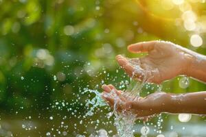 Close Up Of Hand Catching Water Drops photo