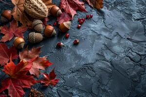 Assorted Nuts and Leaves on Slate Surface During Autumn Season photo