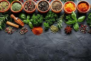 Assorted Fresh Herbs and Spices Arranged on Rustic Dark Stone Surface photo
