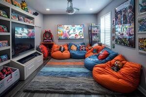 Modern Game Room With Colorful Beanbag Chairs And A Large Television photo