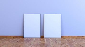 2 vertical frame mockup on a white gray wall with wooden floor 3d render ilustration photo