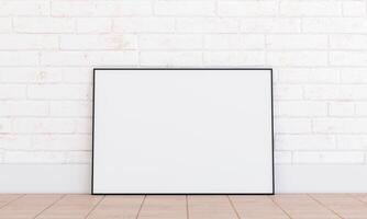 Horizontal frame mockup on white brickwall. Black thin metal frame mock up, 3d render photo