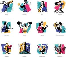 A set of icons on the theme of art forms. Music, choreography, singing, literature, theater, circus. Hobbies of creative people. Icons for the site, banner and print. Emblems, symbols. vector