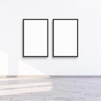 2 frame mock up hanging on a white wall with sunlight, 3d render illustration. photo