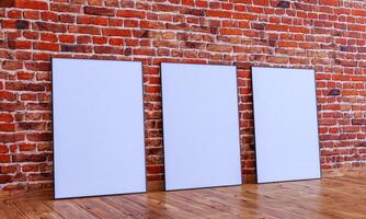 3 frame mock up on red brick wall with wooden floor, 3d render photo
