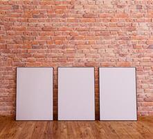 3 frame mockup on red brick wall with wooden floor, 3d render photo