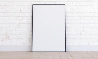 Black thin frame mockup on white brickwall, frame mock up interior scene 3d render photo