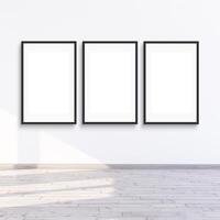 3 frame mock up hanging on a white wall with sunlight, 3d render illustration. photo
