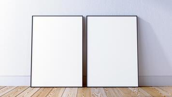 2 frames mockup scene with white brickwall and hardwood floor, 3d render. photo