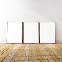 3 frame mockup scene on white wall and hardwood floor, 3d rendering. photo