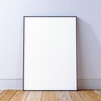 Frame mockup on white wall with hardwood floor, frame mock up scene, interor 3d render photo
