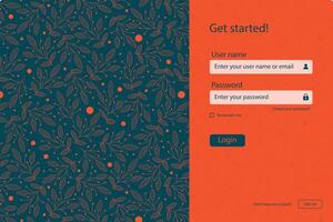 Login screen landing page design. Login ui ux template with email and password in flourish design vector