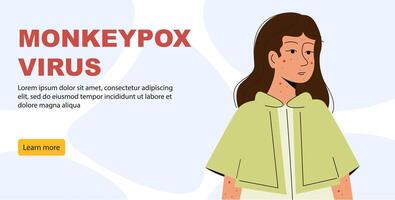 Monkeypox outbreak concept banner. Infected girl from monkey flat illustration. Monkeypox on human skin vector