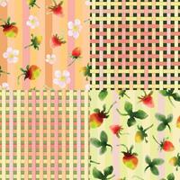 Set of four pattern. Gender neutral, checkered, quilted, watercolor pattern of ripening strawberries and flowers and two coordinating braided patterns. vector