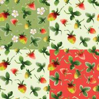 Gender neutral plaid quilted watercolor pattern of ripe strawberries and flowers. Set of separate three pattern. vector