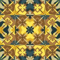 geometric brown yellow colors ethnic tile pattern with abstract motifs of tulips, daisies in a square shape. vector