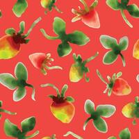 Watercolor strawberries berries leaves red background isolated elements non directional pattern vector