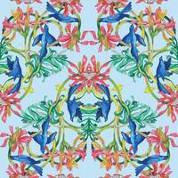 , seamless pattern of drawn intertwined branches of blooming gerberas and leaves with blue birds on a light blue background. vector