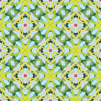 Geometric, seamless, , gender neutral ornament pattern of intertwined hand-drawn green lines forming stars and diamonds on blue background.