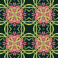 , geometric floral pattern of hand drawn intertwined branches of pink, red blooming gerbera, and leaves on dark green background. vector