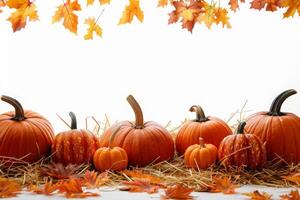 Vibrant Autumn Arrangement of Pumpkins on Hay With Colorful Leaves photo