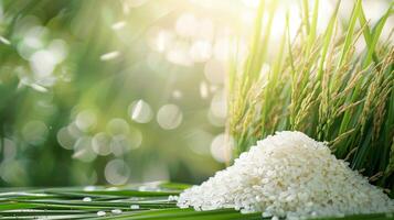 Freshly Harvested Rice Grains and Stalks photo