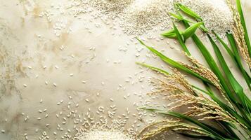Freshly Harvested Rice Grains and Stalks photo
