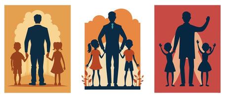 silhouette of a father holding hands with his children. Simple, minimalist design on a beige background. Perfect for Father's Day themes and family concepts vector