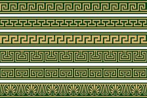 Set of seamless greek classic ornament. Pattern for a border and a frame. Ancient Greece and the Roman Empire. Endless gold with green meander. vector