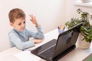 children students return to school, do homework to learn new topics, lessons, think. children are happy in online school. Education concept photo