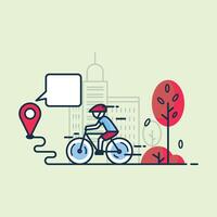 A man is riding a bicycle in a city with a red tree in the background. The bike is equipped with a GPS device vector