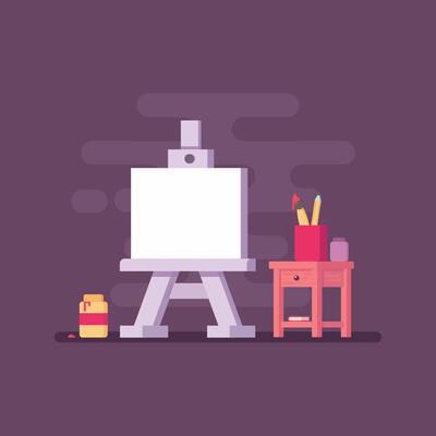 illustration of a talented artist. Cartoon scene artist paints creative abstraction on canvas, easel, palette with bright colors, brush, tubes of paints, spray can isolated on white background.