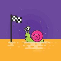 The snail faces a black and white check, red flag set against a vibrant purple background with playful confetti and abstract shapes. vector