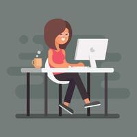Woman Working at Home Office. Character Sitting at Desk in Room, Looking at Computer Screen and Talking with Colleagues Online. Home Office Concept. Flat Isometric Illustration. vector