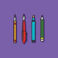 A set of pens, pencils, and a marker are arranged in a row on a purple background vector