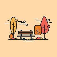 A bench is in the foreground of a park with trees in the background. The bench is empty and thee trees are orange and brown. The scene is peaceful and seren vector