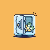 Bank metal vault and safes with open and closed doors. Secure boxes with code locks. Gold and money protection. Empty safe inside set vector