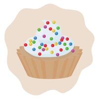 Cupcake with whipped cream and colorful sugar sprinkles. illustration isolated on white background. vector