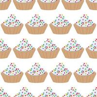Cupcake with whipped cream and colorful sugar sprinkles. Seamless pattern on a white background. illustration. vector