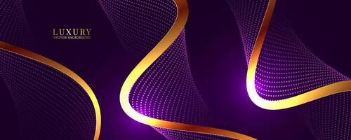 3D purple luxury background on dark space with dotted lines shape effect decoration. Modern graphic design element with golden lines waves style concept for web banner, flyer, card, or brochure cover vector