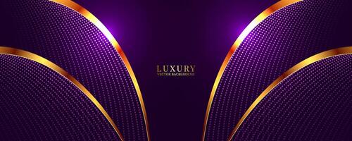 3D purple luxury background on dark space with dotted lines shape effect decoration. Modern graphic design element with golden lines waves style concept for web banner, flyer, card, or brochure cover vector
