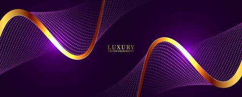 3D purple luxury background on dark space with dotted lines shape effect decoration. Modern graphic design element with golden lines waves style concept for web banner, flyer, card, or brochure cover vector