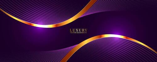 3D purple luxury background on dark space with dotted lines shape effect decoration. Modern graphic design element with golden lines waves style concept for web banner, flyer, card, or brochure cover vector