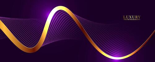 3D purple luxury background on dark space with dotted lines shape effect decoration. Modern graphic design element with golden lines waves style concept for web banner, flyer, card, or brochure cover vector