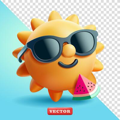 Cute sun character using sunglasses and watermelon, 3d. Suitable for advertising, holiday and design elements