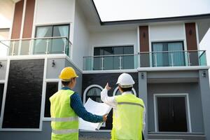 inspector engineer and owner project is inspecting construction and quality assurance new house. Engineers or architects or contactor work to build the house before handing it over to the homeowner photo