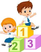 Two students sitting on the numbers blocks vector