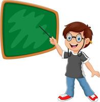 A boy stands in front of the blackboard with a pointer vector