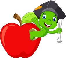A worm in the red apple was glad to have a college degree vector