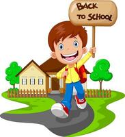Happy boy running while carrying a sign that read back to school vector